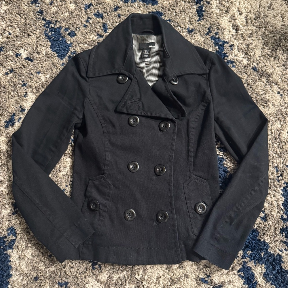 H&M Black Double Breasted Peacoact Size 8 Women Pockets